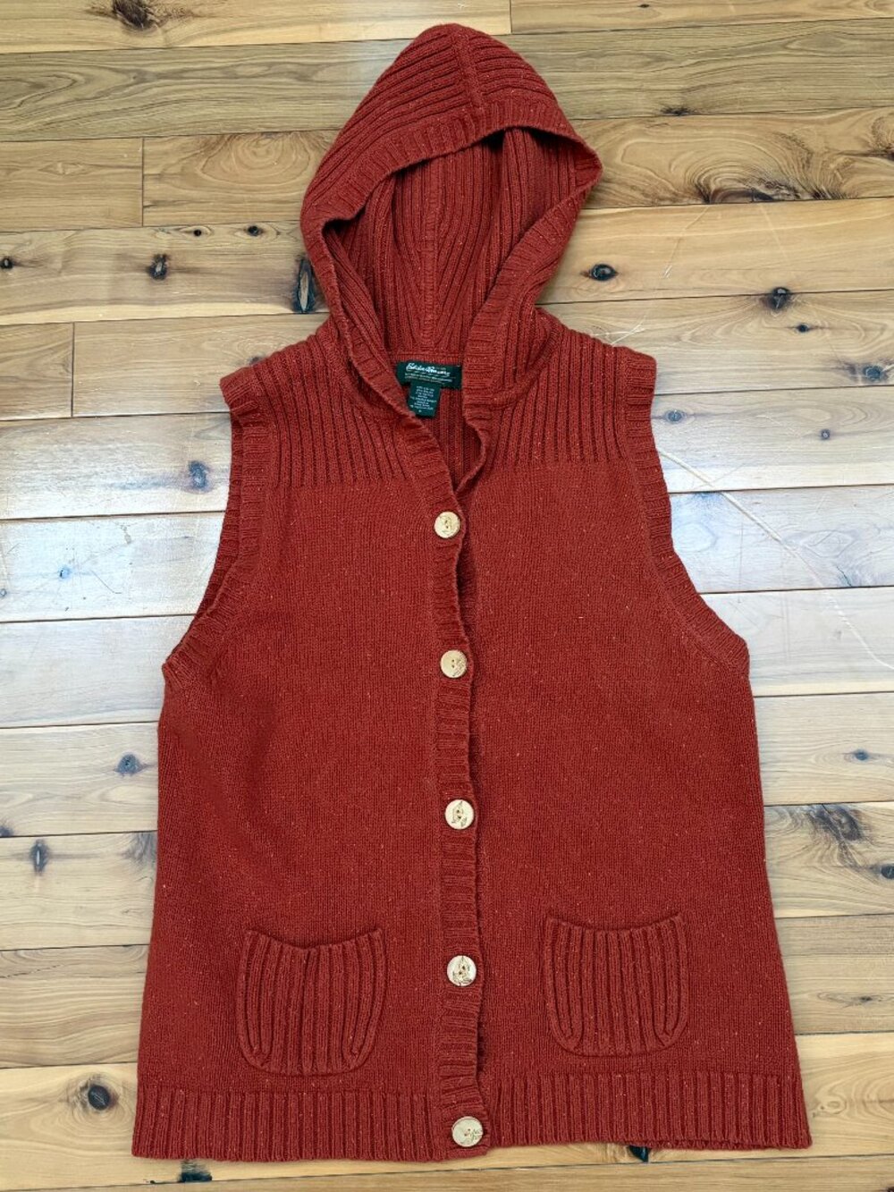 Eddie Bauer Hooded Knit Sweater Vest Rust Red Angora Blend Button Front L